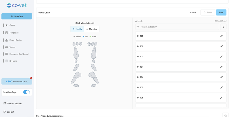 The CoVet visual dental chart editor, with a list of teeth to edit one by one