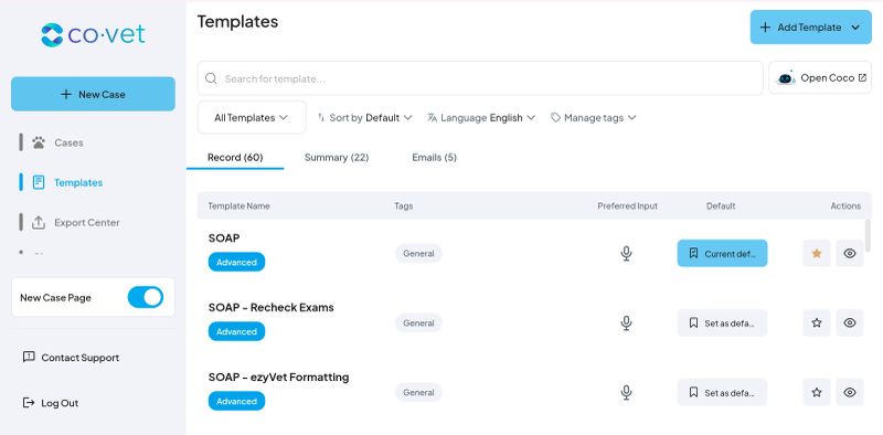 CoVet template library covers 70+ specialty veterinary medical record templates.