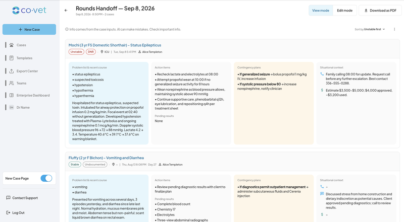 A Rounds handoff report in CoVet with one I-PASS card per patient