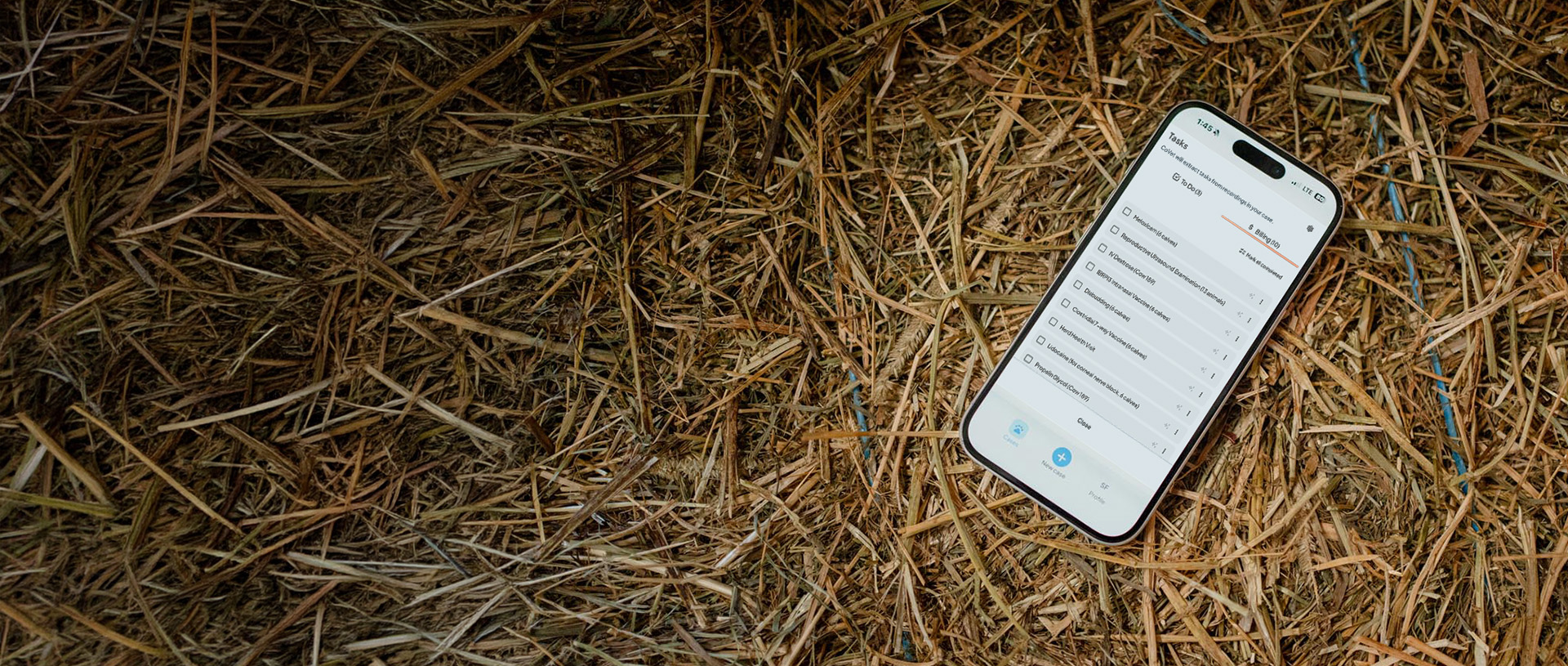 CoVet app open on a phone resting on straw during a field call