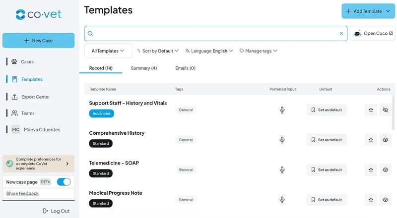 An image of the CoVet software platform's web interface dashboard, displaying a Templates management screen designed for veterinary workflows.