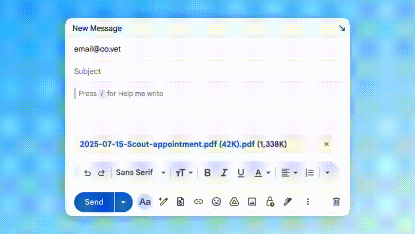 Forwarding an email with a PDF attachment to CoVet's Email Assistant