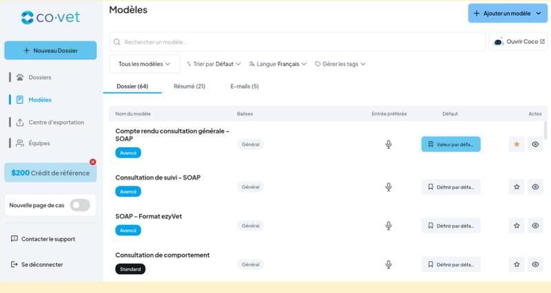 Interface CoVet affichant une bibliothèque de modèles de comptes rendus vétérinaires personnalisables, avec des modèles de consultation générale, de suivi et de comportement.