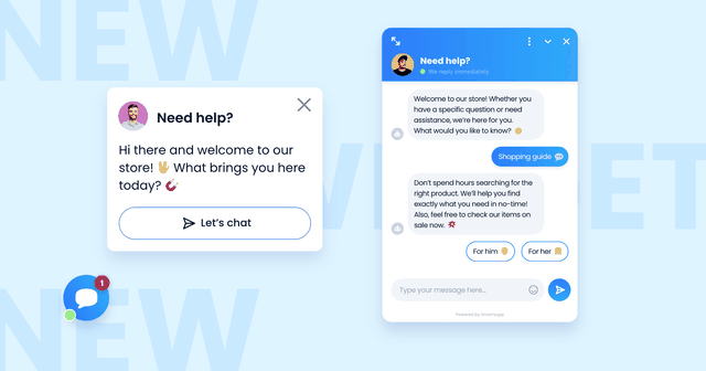 Smartsupp chat widget teaser popup with a Let's chat button next to an open conversation about a shopping guide