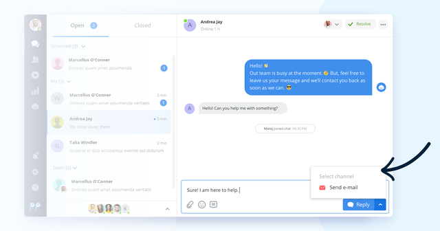Smartsupp dashboard conversation view with a channel selector dropdown showing the Send e-mail option