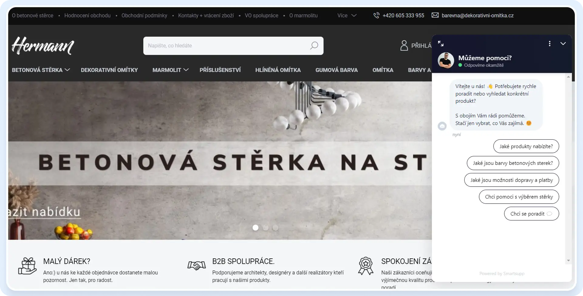 Takto vypadá úvodní zpráva klasického chatbota na e-shopu Dekorativni-omitka.cz