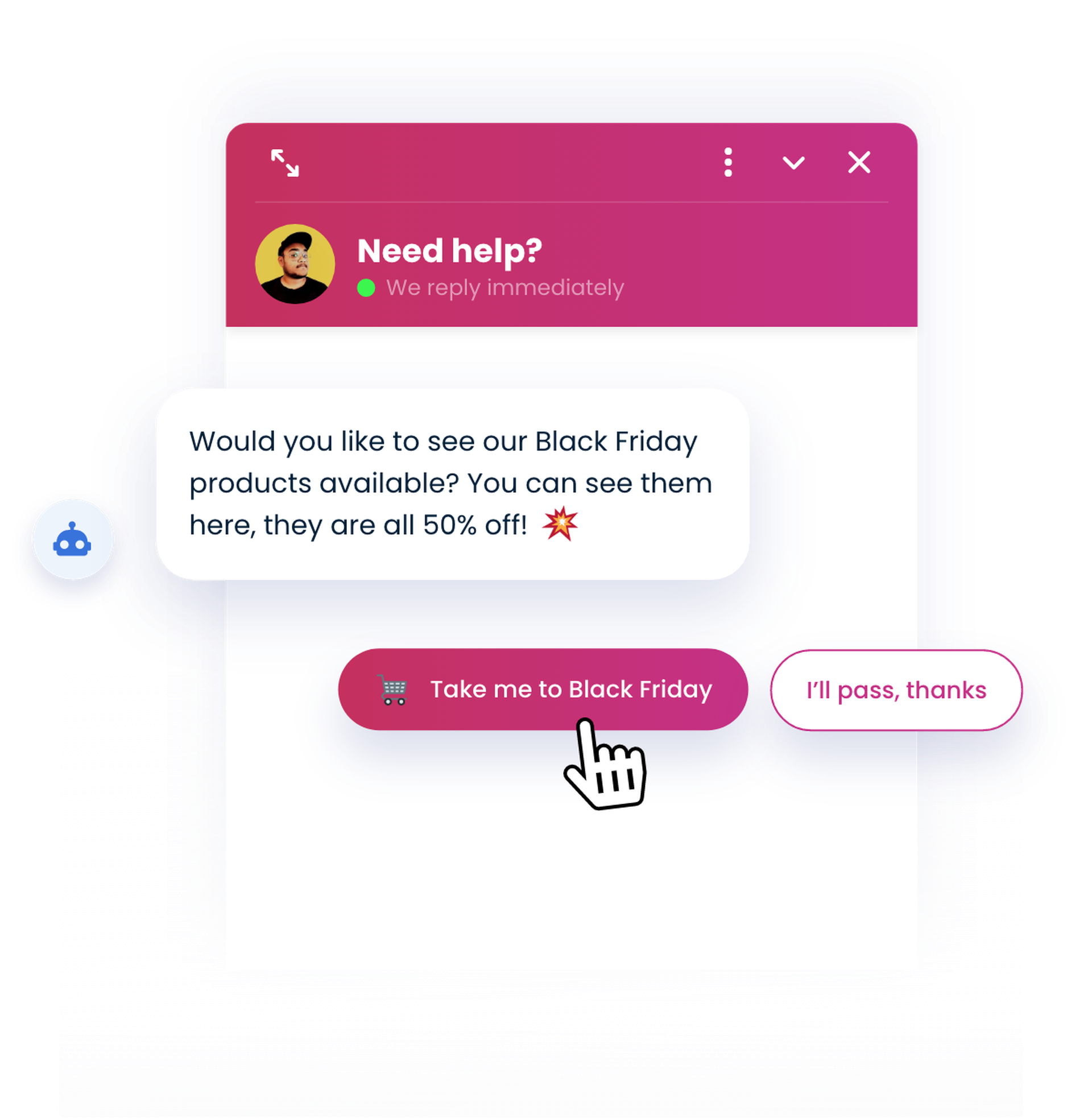 Smartsupp chatbot promoting Black Friday special offers.