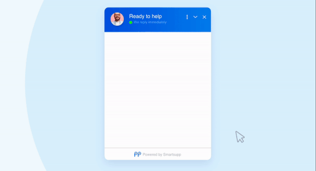 Empty 'Ready to help' chat widget preview on a blue background with a cursor nearby