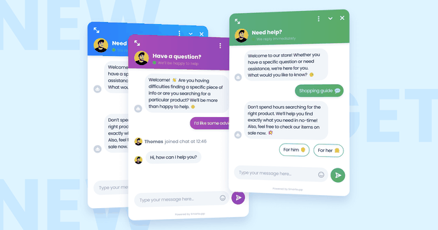Three colored Smartsupp chat widgets showing a shopping assistant conversation with For him and For her quick reply buttons