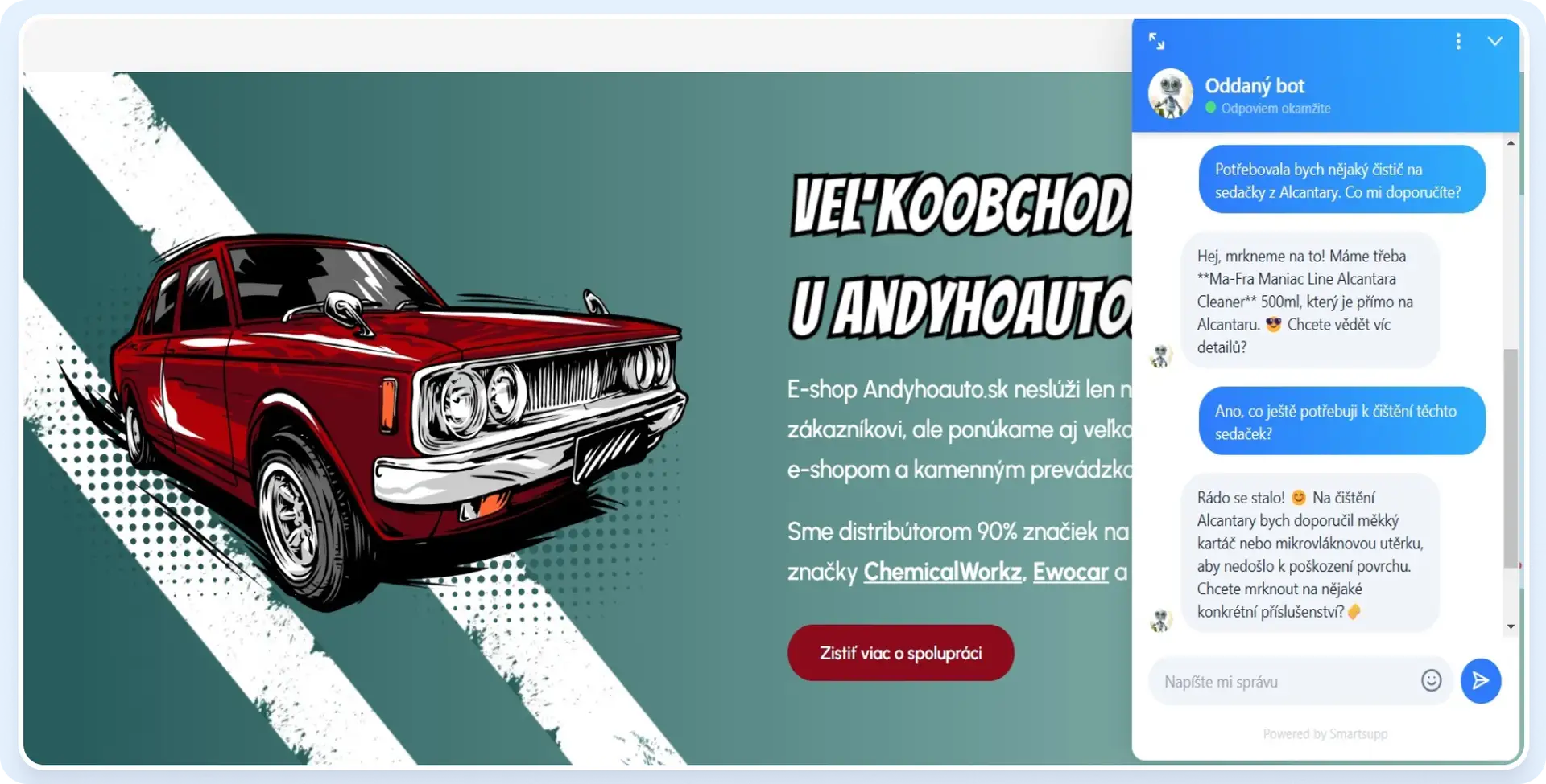 Takto vypadá Mira AI nákupní asistentka na e-shopu andyhoauto.sk