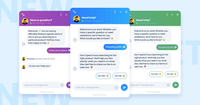 Angled view of three Smartsupp chat widget color themes each showing a shopping assistant conversation