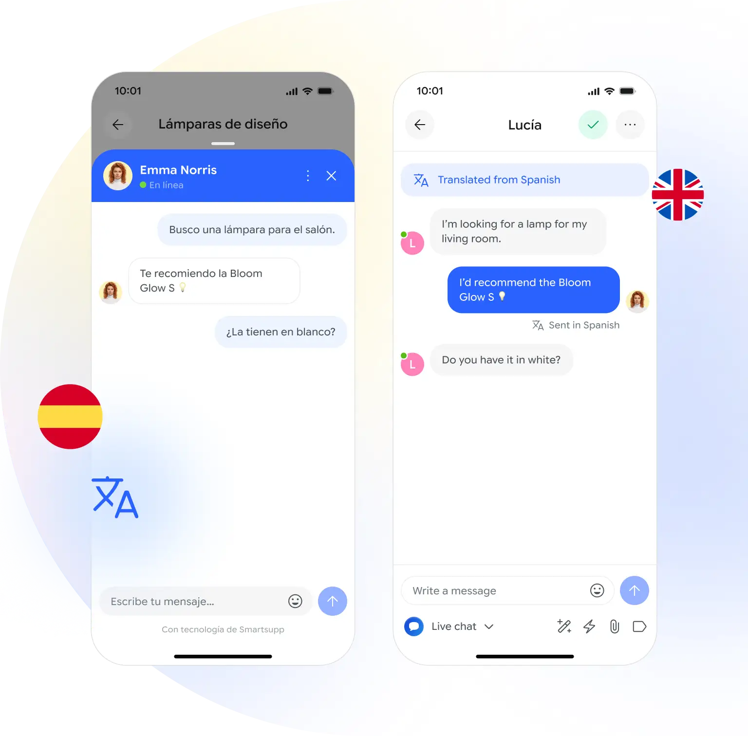 Smartsupp live chat translating a conversation between a Spanish-speaking customer and an English-speaking operator in real time