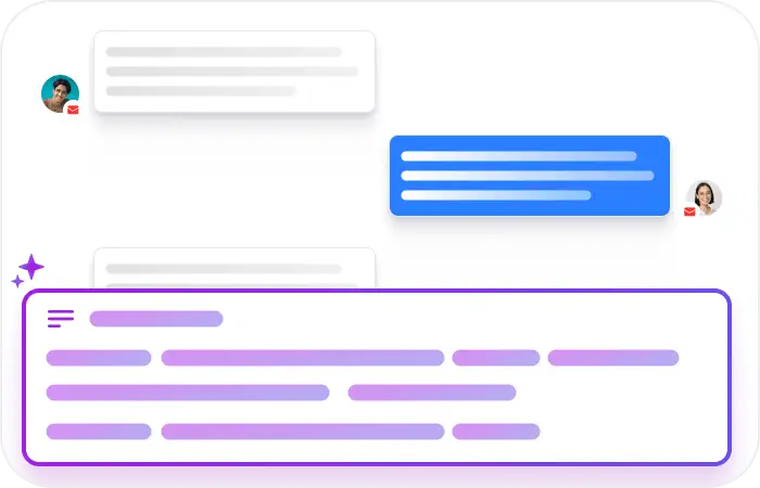 Illustration of a support chat with an AI-generated recap box featuring a sparkle icon and gradient bullet lines