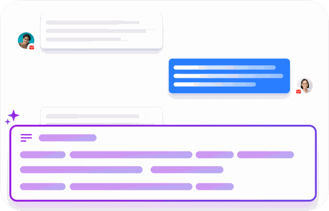 Support chat bubbles between two profile avatars with an AI-generated highlights box outlined in purple