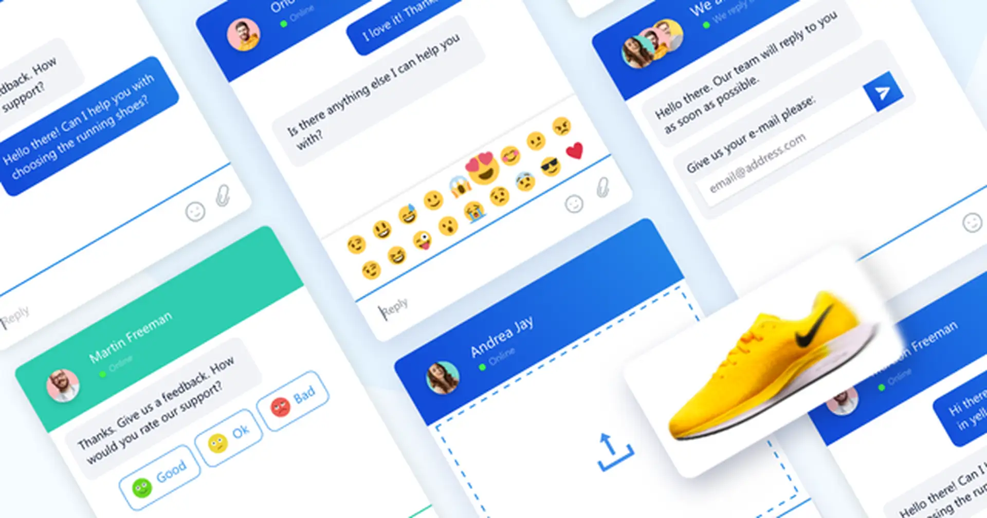 Collage of mobile chat widget screens showing greeting message, emoji picker, offline contact form and feedback rating