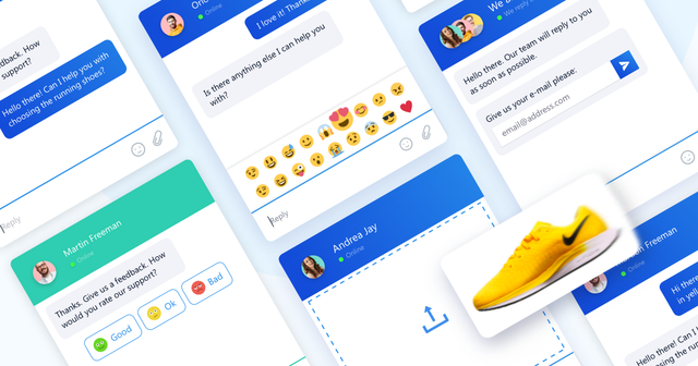 Collage of mobile chat widget screens showing greeting message, emoji picker, offline contact form and feedback rating