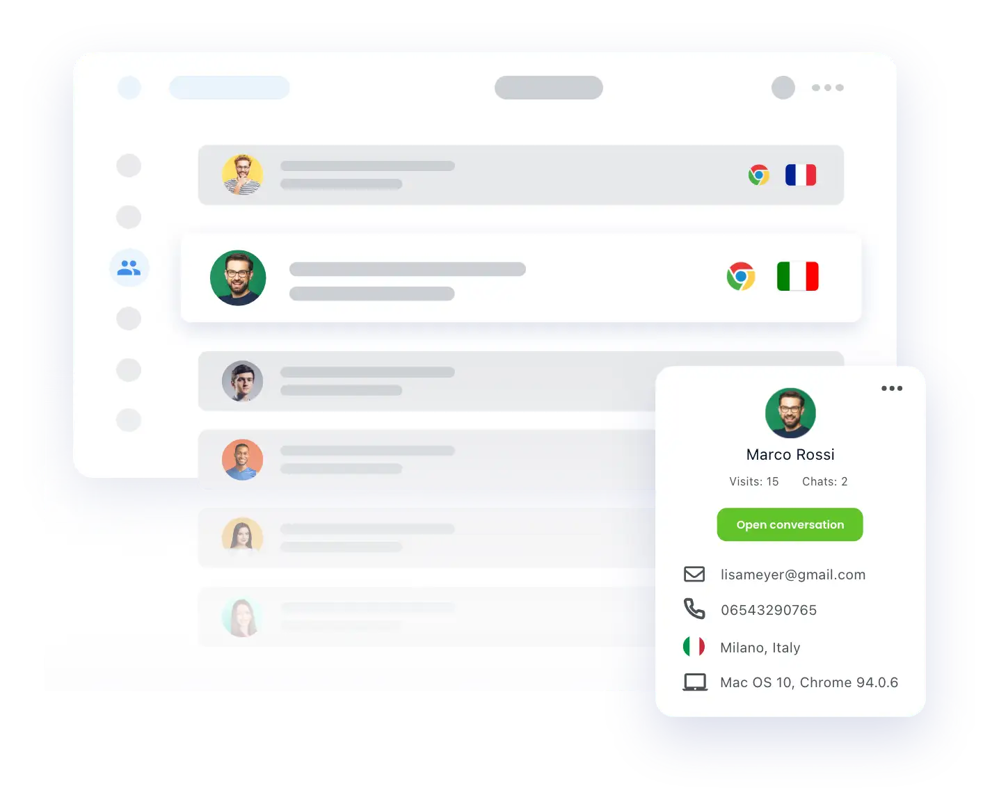 Smartsupp dashboard with detailed information about visitors such as e-mail, phone number, or location