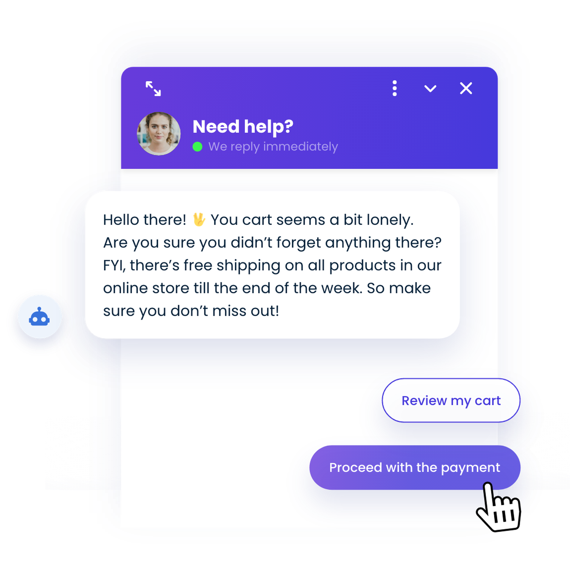 Smartsupp chatbot offering help in shopping cart.