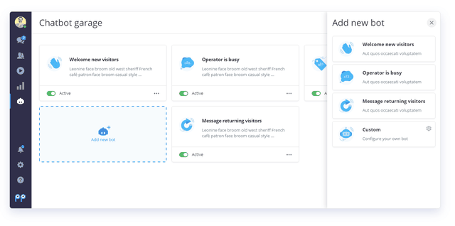 Smartsupp Chatbot garage screen listing active bots with a panel for adding a new bot template