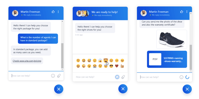 Three chatbot widget examples showing package questions, emoji picker, and a shared product photo with warranty PDF