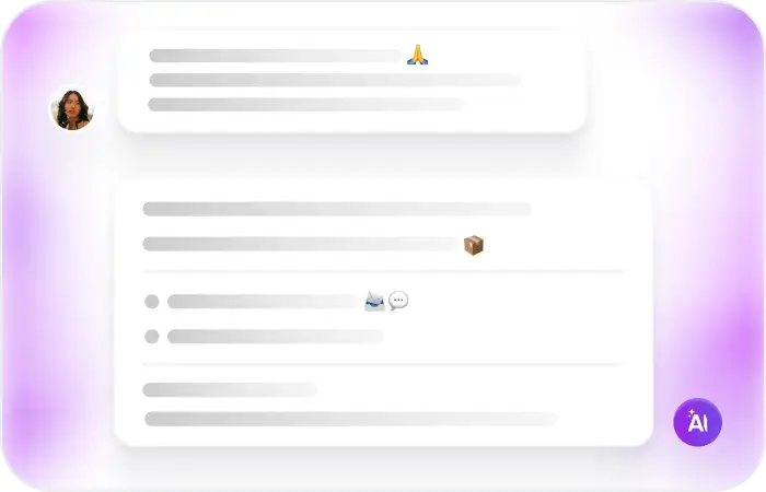 Stylized illustration of AI chat suggestions with placeholder message lines and package, mail, and prayer emoji icons