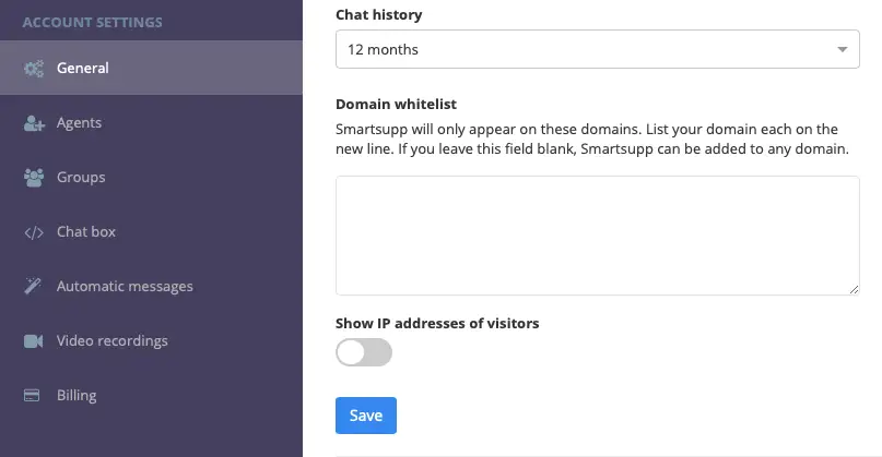 Smartsupp account settings General page showing chat history duration, domain whitelist field, and IP address toggle