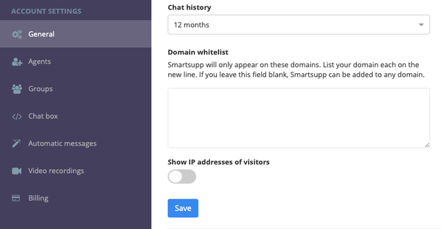 Smartsupp account settings General page showing chat history duration, domain whitelist field, and IP address toggle
