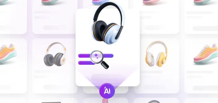 AI-powered product search widget highlighting a pair of headphones among an e-commerce product grid