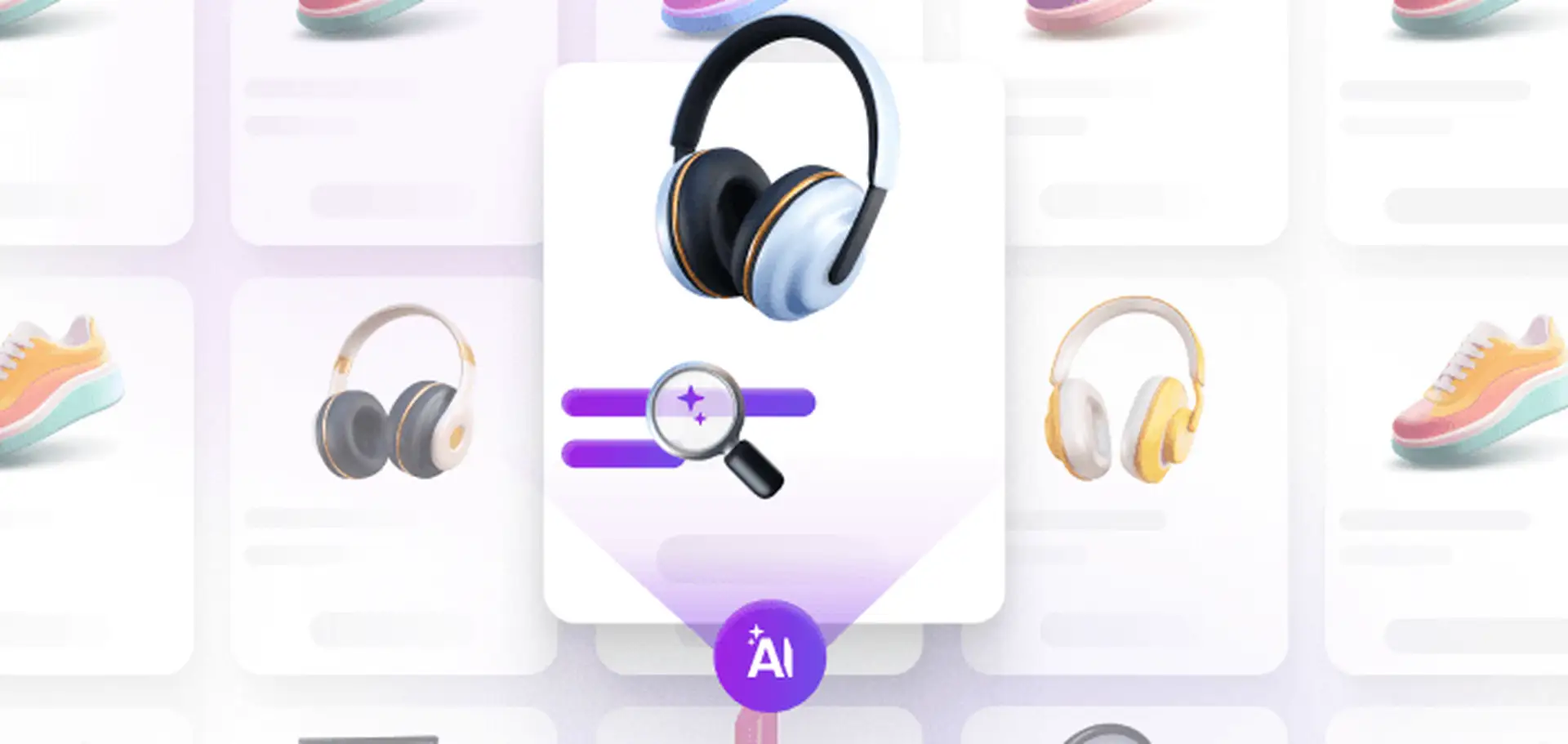 AI-driven product discovery graphic with magnifying glass and sliders pointing to a headphones listing