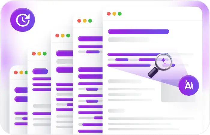 Stacked browser tabs graphic with purple text bars, red-yellow-green window dots, and an AI search icon