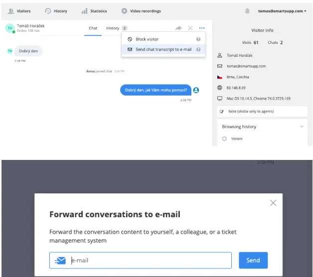 Smartsupp dashboard showing the more-options menu with Send chat transcript to e-mail and a forward conversation dialog