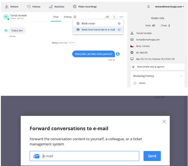 Smartsupp dashboard showing the more-options menu with Send chat transcript to e-mail and a forward conversation dialog