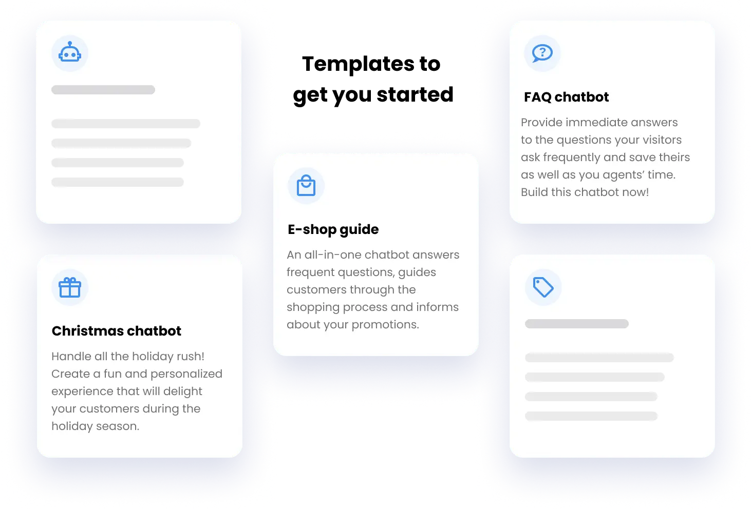 Examples of pre-prepared chatbot templates - FAQ chatbot, chatbot for e-shops, and Christmas chatbot
