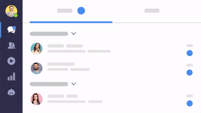 Animated dashboard conversation list with grouped chats expanding and collapsing
