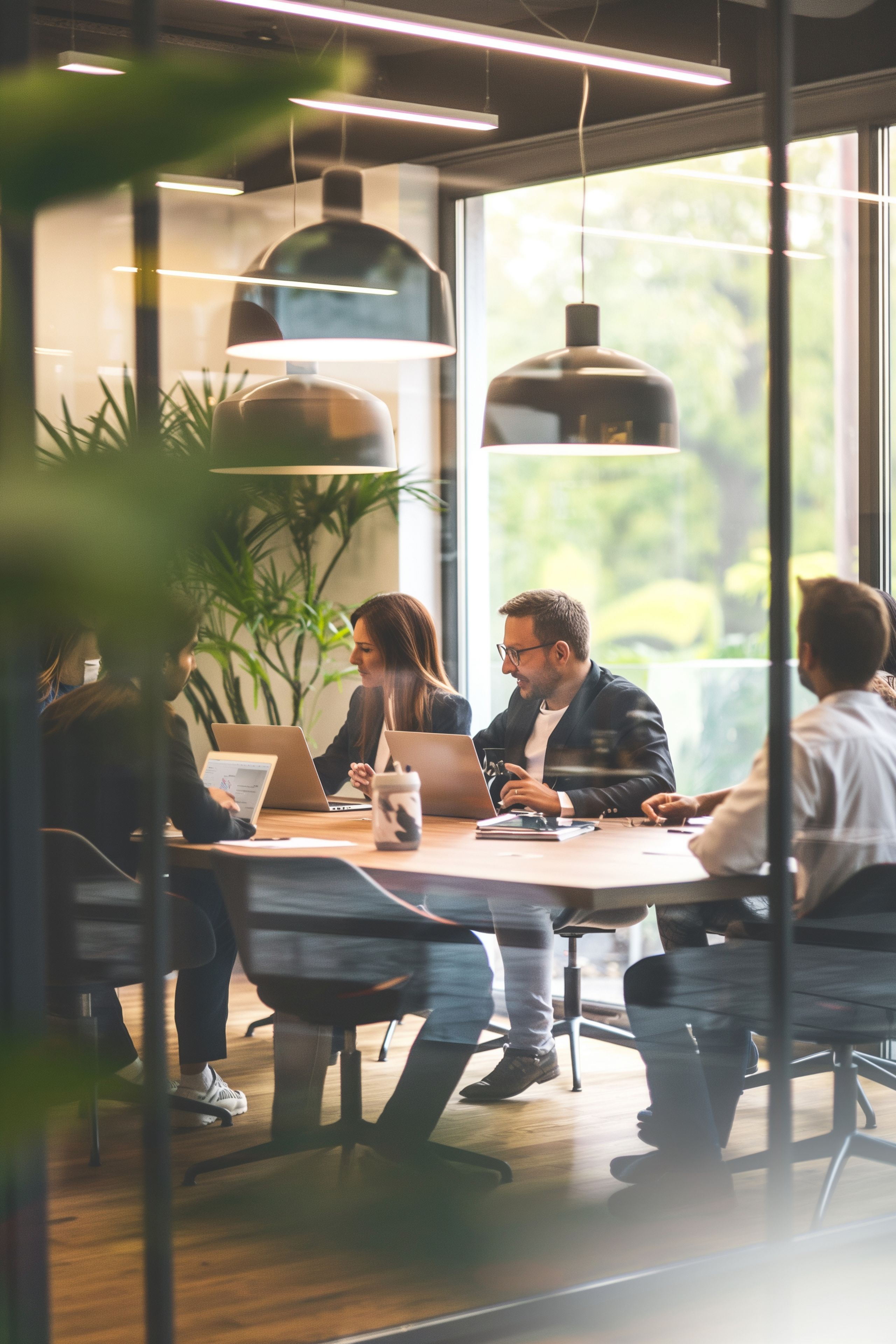 Foto på avstånd av ett konferensrum med fyra personer.