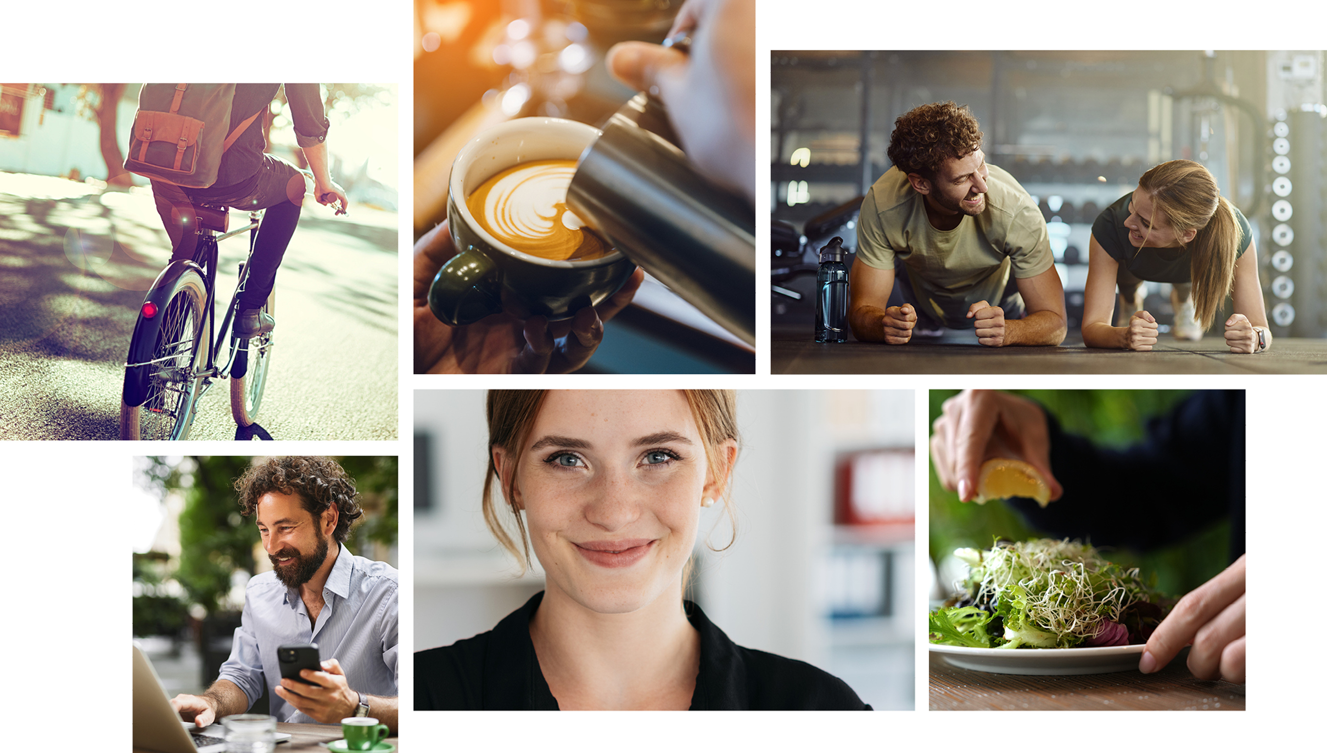 Collage: person som cyklar, man som använder telefon och laptop, latte art, leende kvinna, sallad med citron och två personer som tränar tillsammans.