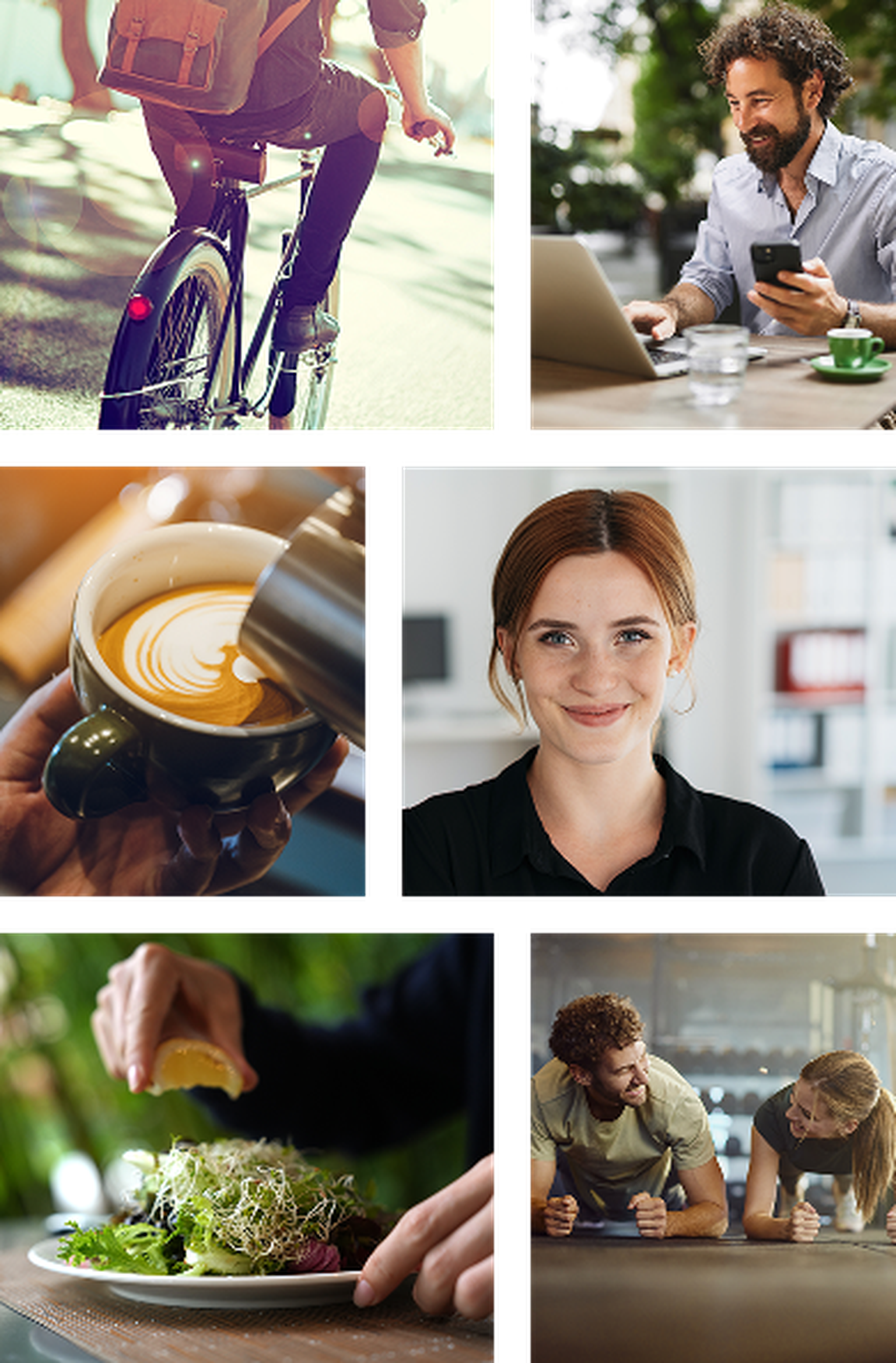 Collage: person som cyklar, man som använder telefon och laptop, latte art, leende kvinna, sallad med citron och två personer som tränar tillsammans.