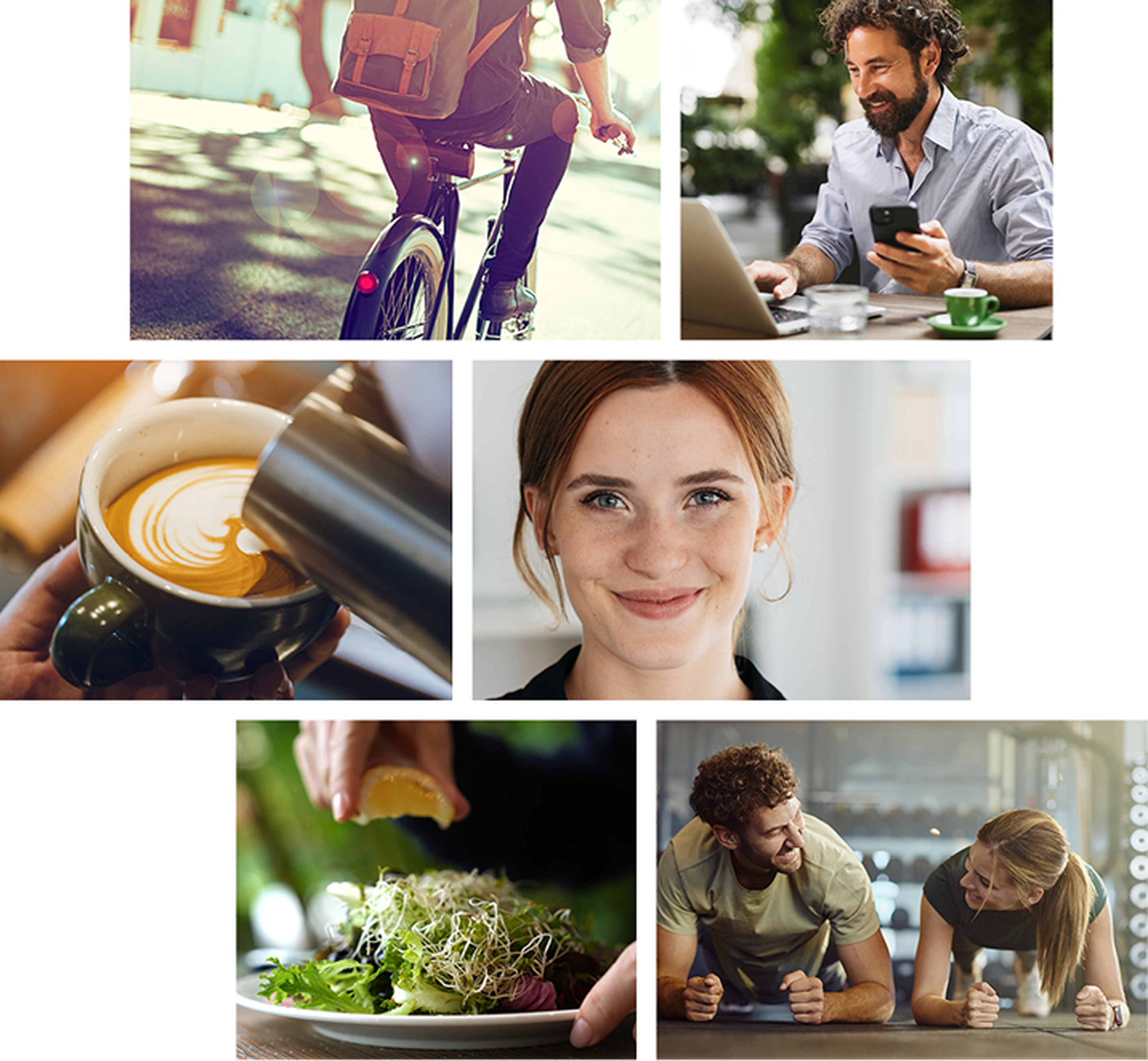 Collage: person som cyklar, man som använder telefon och laptop, latte art, leende kvinna, sallad med citron och två personer som tränar tillsammans.