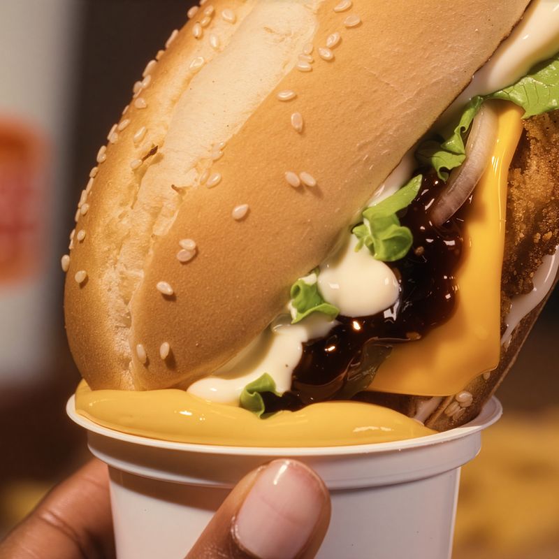 long chicken burger in käse sauce gedippt