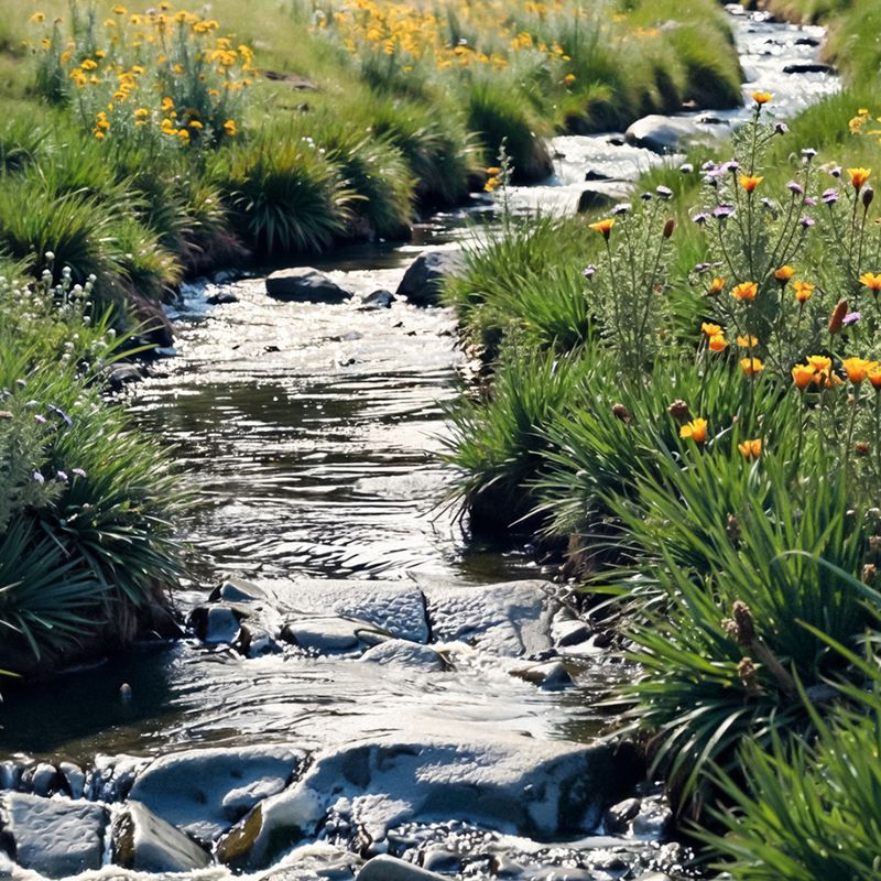 Ein kleiner Bach fließt durch eine grüne Landschaft mit Blumen.