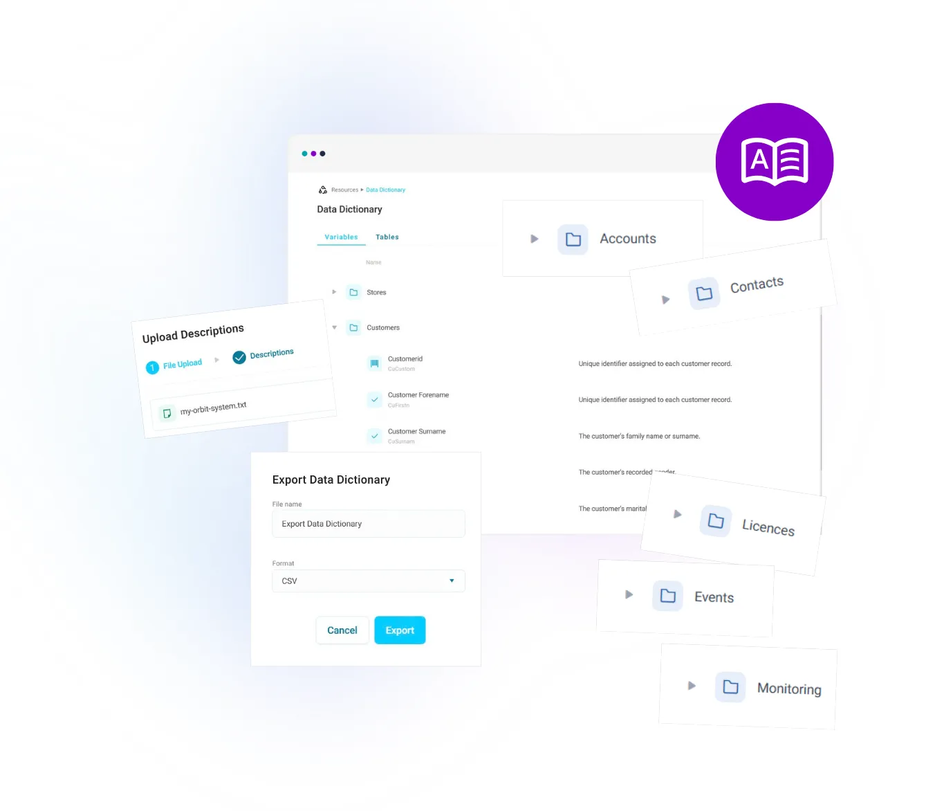 Data dictionary interface showing options for variable management, file upload, and export, featuring icons for Accounts, Contacts, Licences, and more.