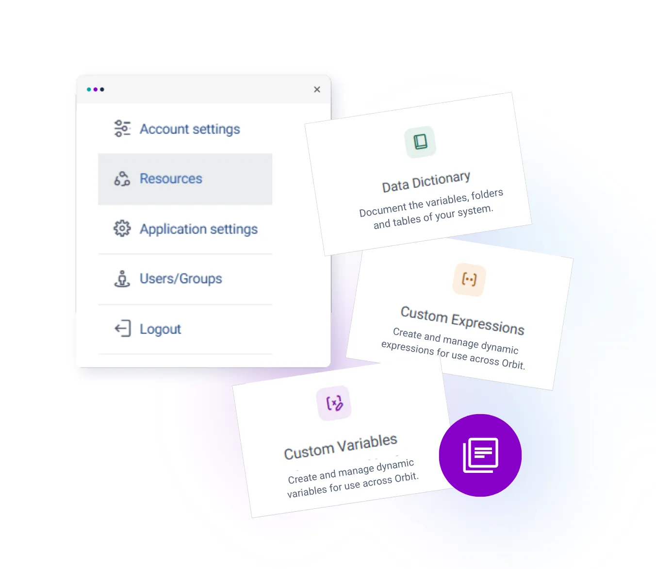 A menu showing Resources area and cards for Data Dictionary, Custom Expressions, and Custom Variables, each with brief descriptions.