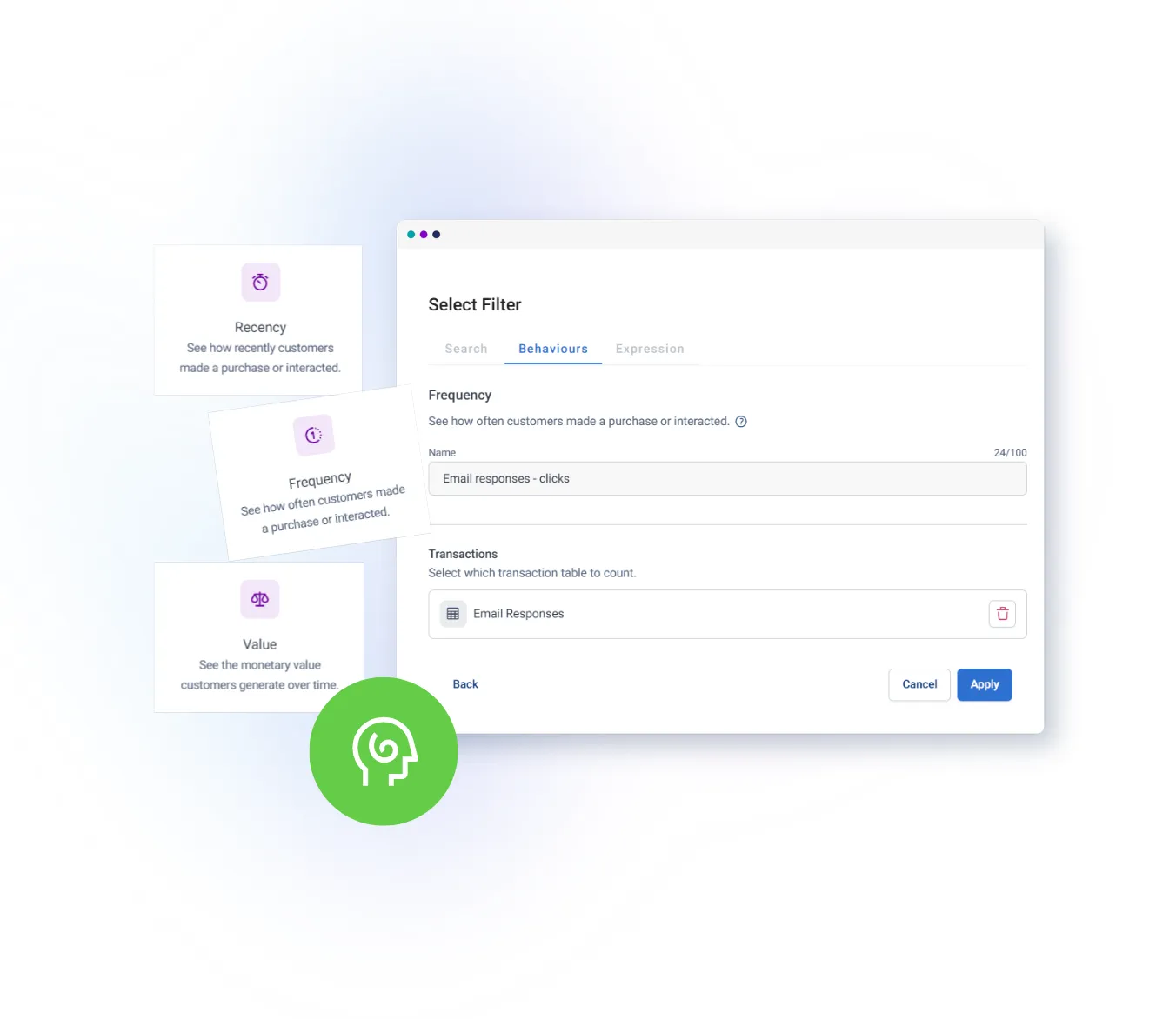 Dashboard interface showing filter options for customer behavior data, including recency, frequency, and value.
