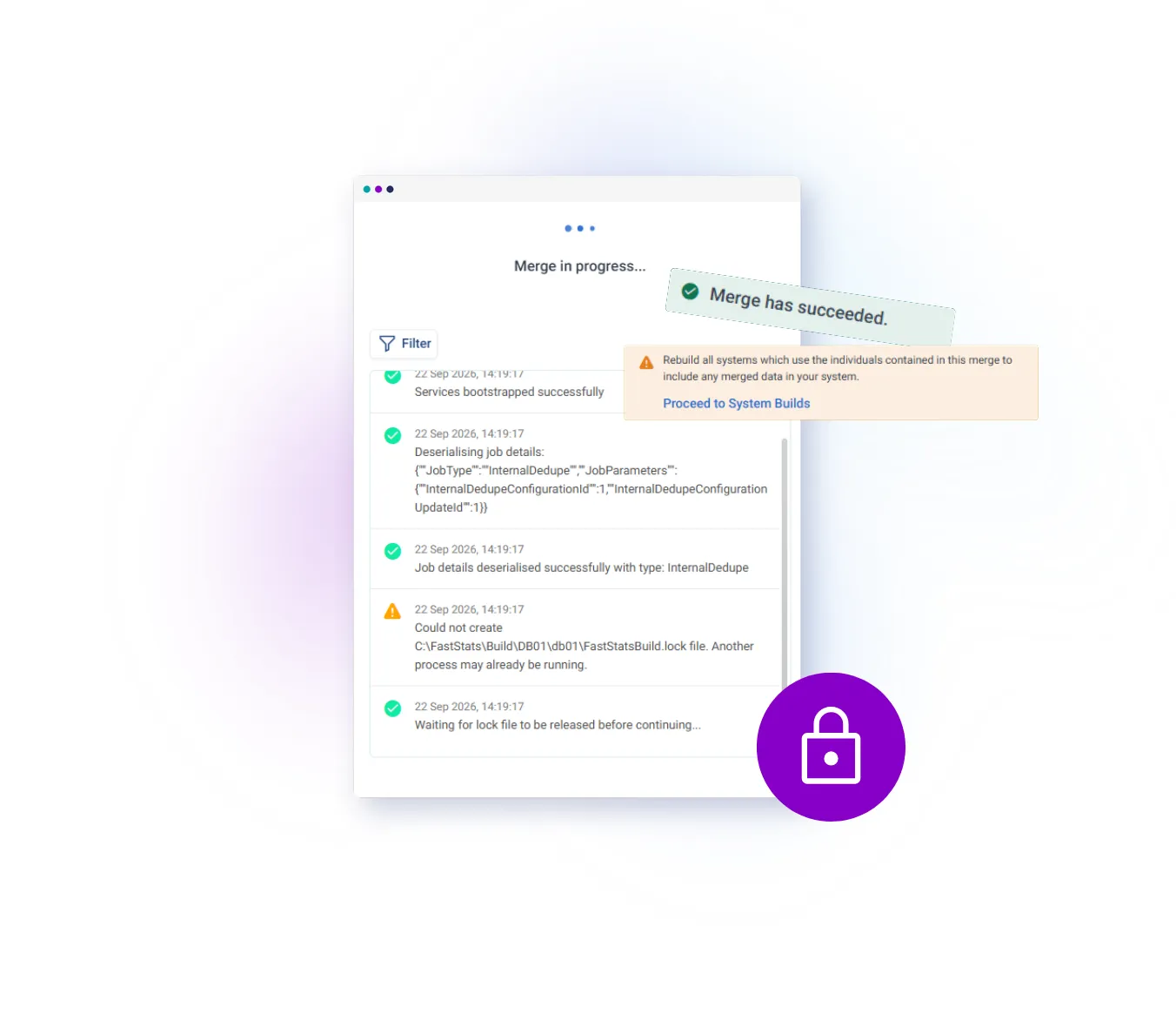 Status notification indicating "Merge has succeeded" with progress details and a purple lock icon at the bottom right.