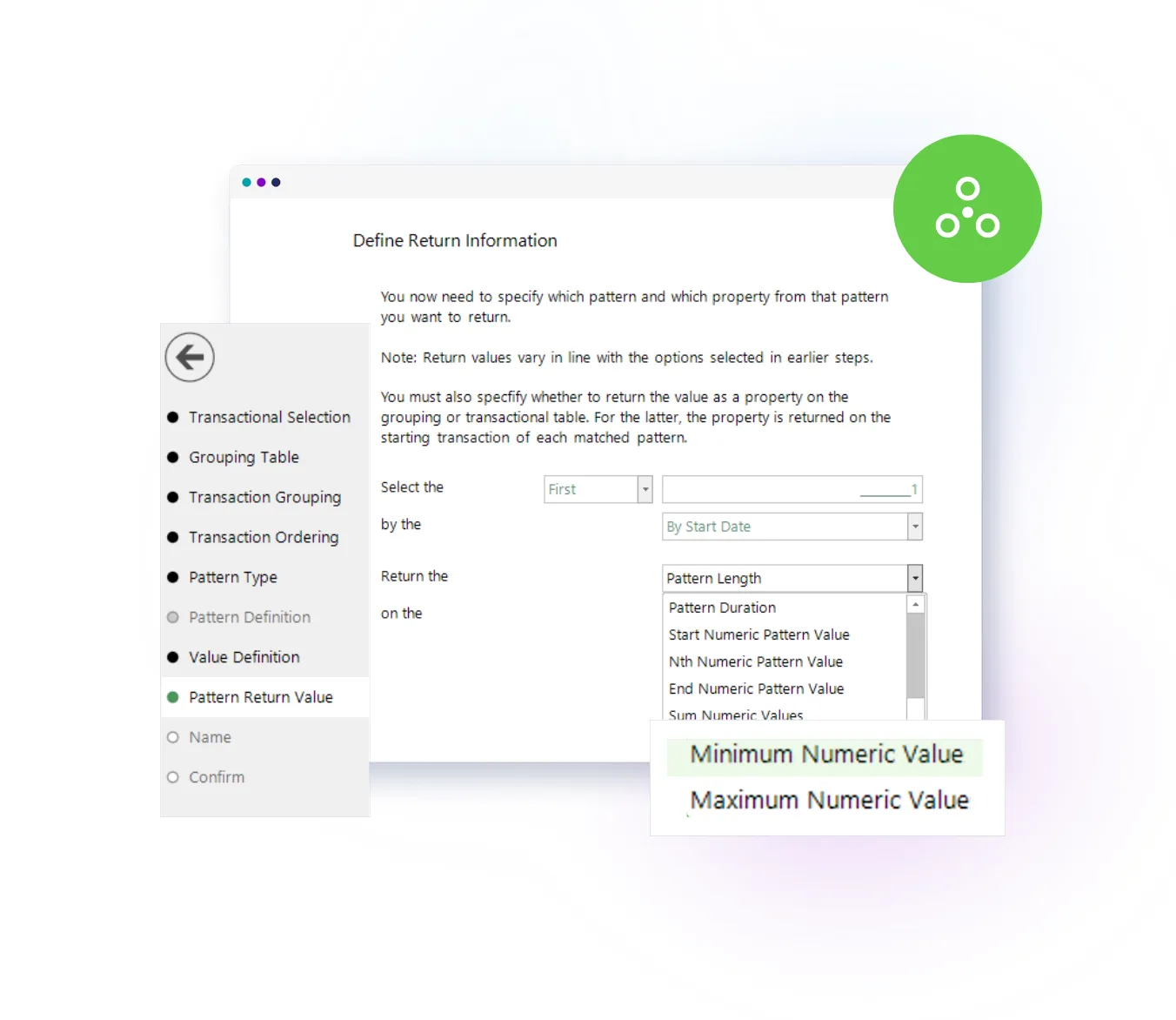 Interface showing a selection process for defining return information with dropdown menus and checklists for transactional and pattern grouping.
