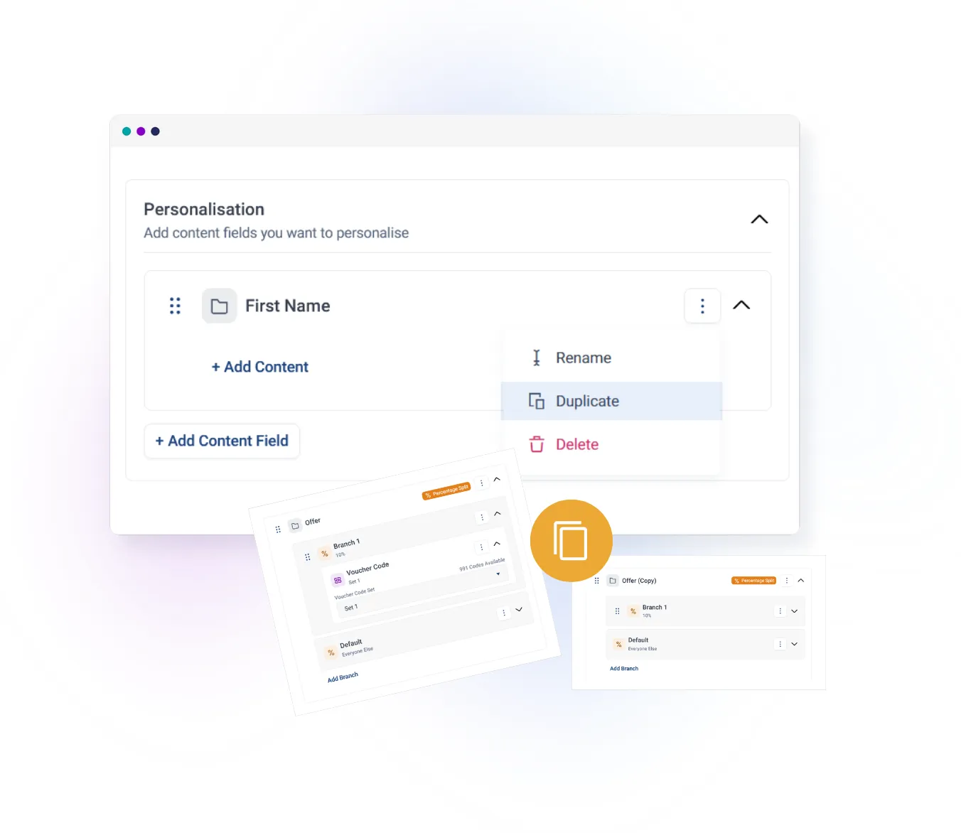 A software interface showing personalization options with fields for "First Name." A menu offers actions like Rename, Duplicate, and Delete.