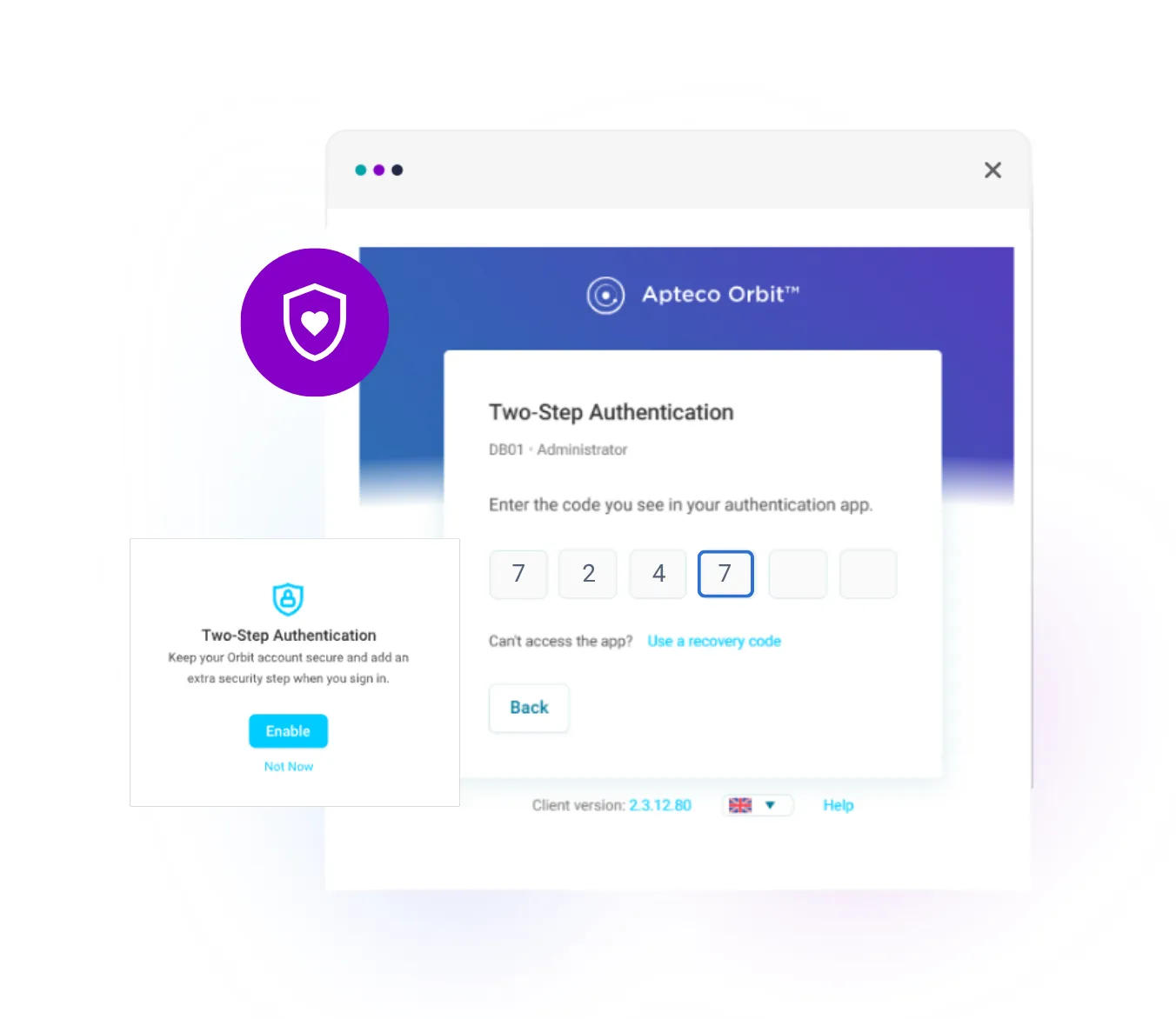 Two-step authentication screen for Apteco Orbit, prompting the user to enter a code from an authentication app Options to enable or delay shown