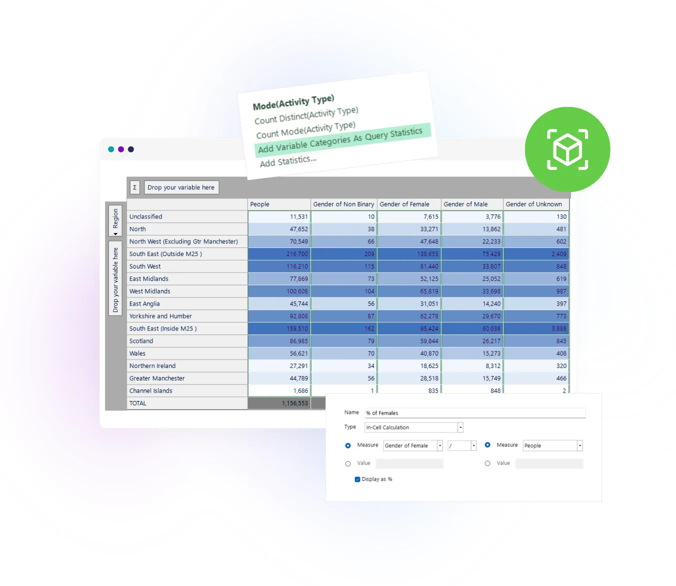 A cube displaying population data, includes selectable options for statistical analysis and a percentage calculation feature.