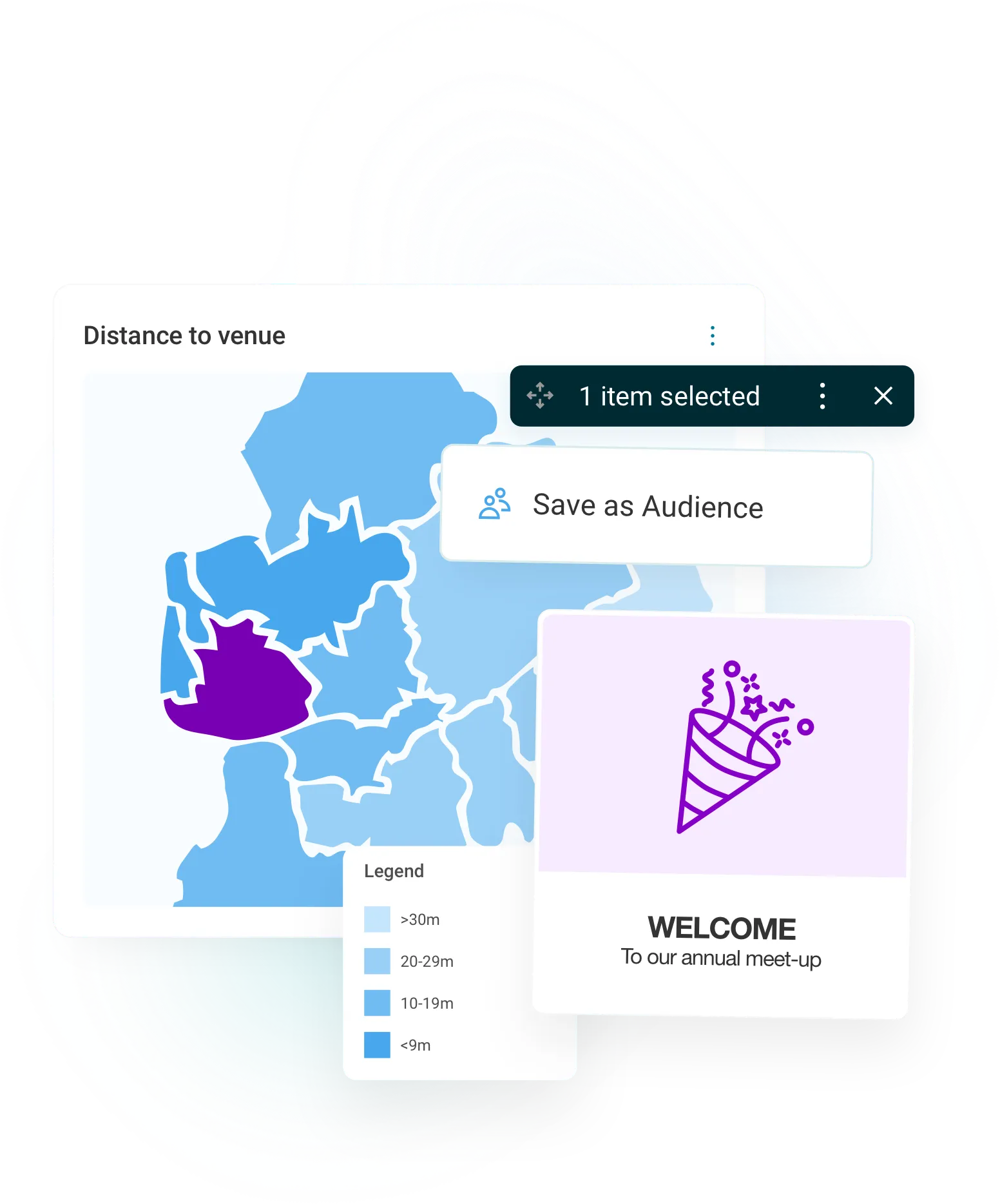 Map with highlighted area showing distance to venue, options to "Save as Audience," and welcome message to annual meetup with party icon.