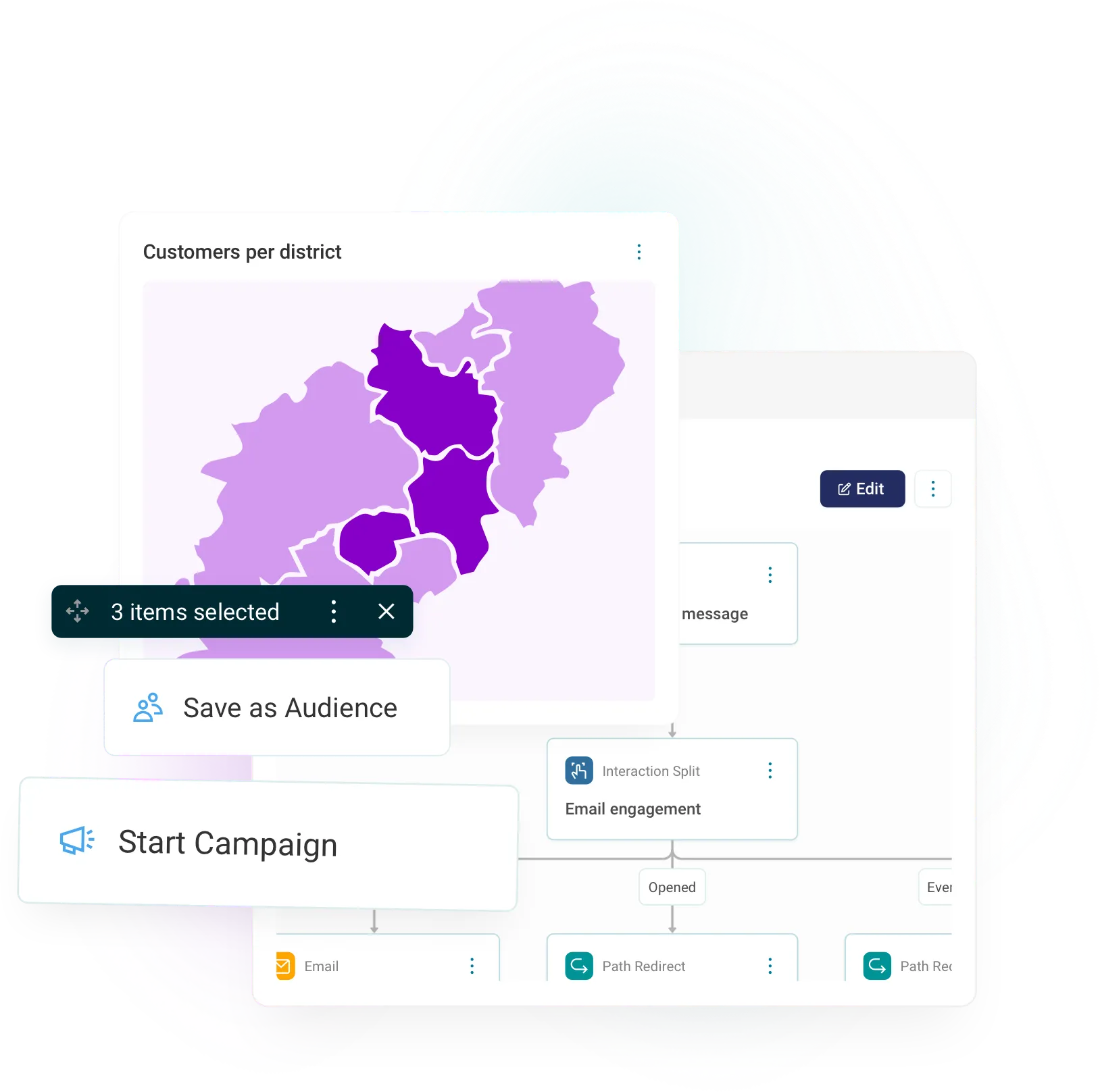 A colorful map of districts with varying shades of purple, overlayed with options like "Save as Audience" and "Start Campaign" as part of a marketing tool interface.